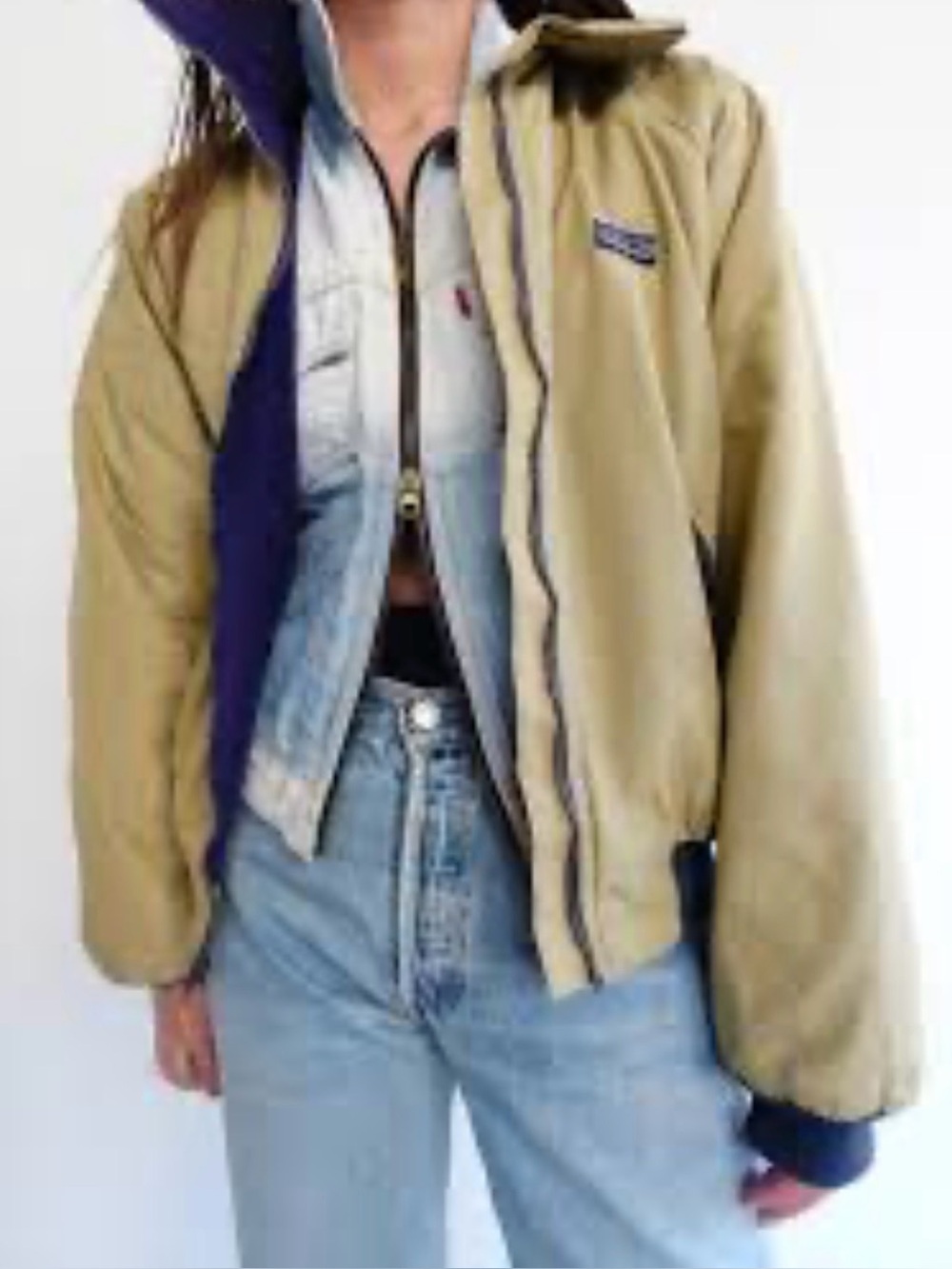Vintage L.L. Bean Khaki Bomber Jacket with Navy Lining